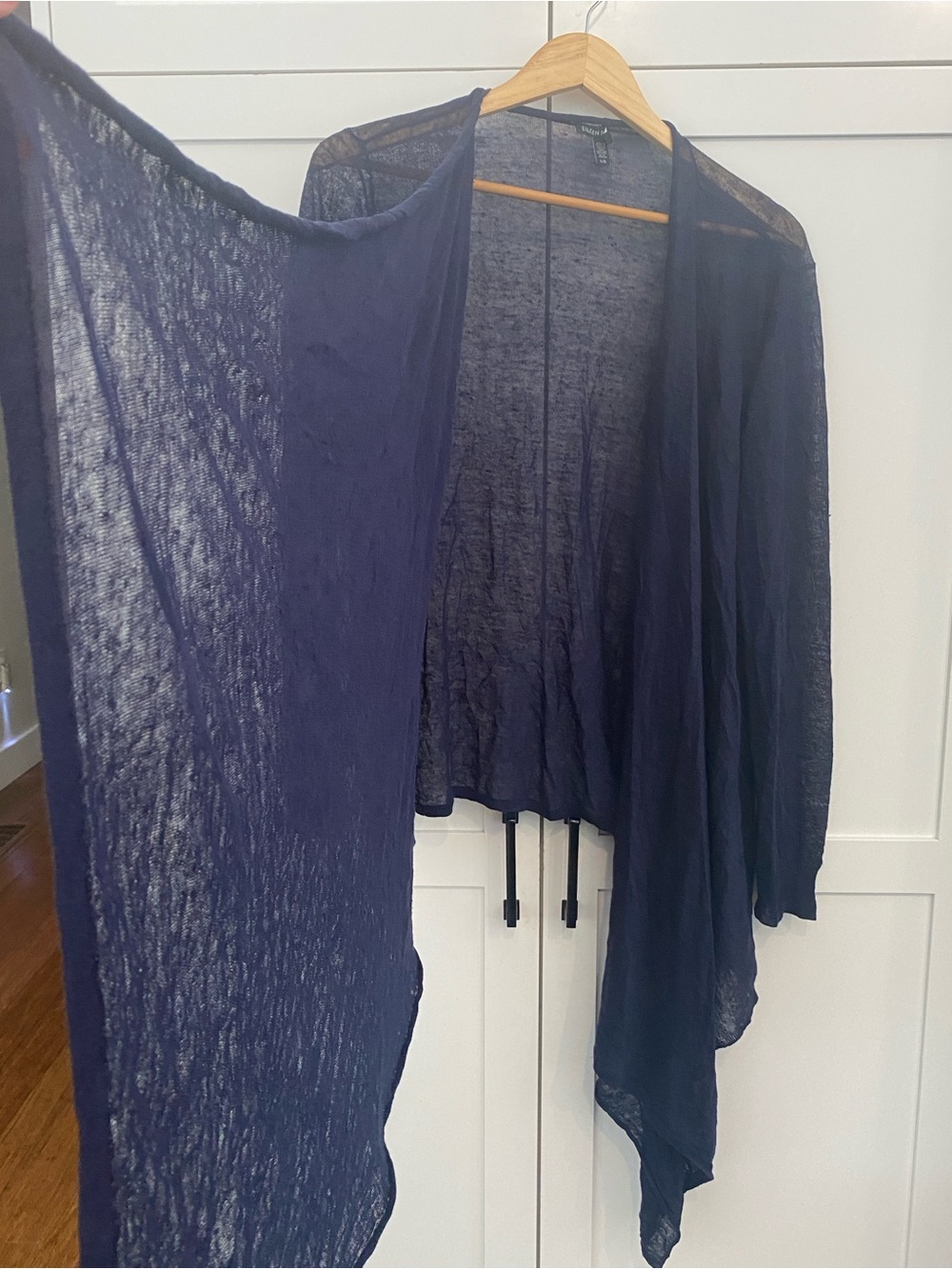 Eileen Fisher Italian Yarn Sheer Hemp Blend Open Cardigan Navy Knit Sweater L